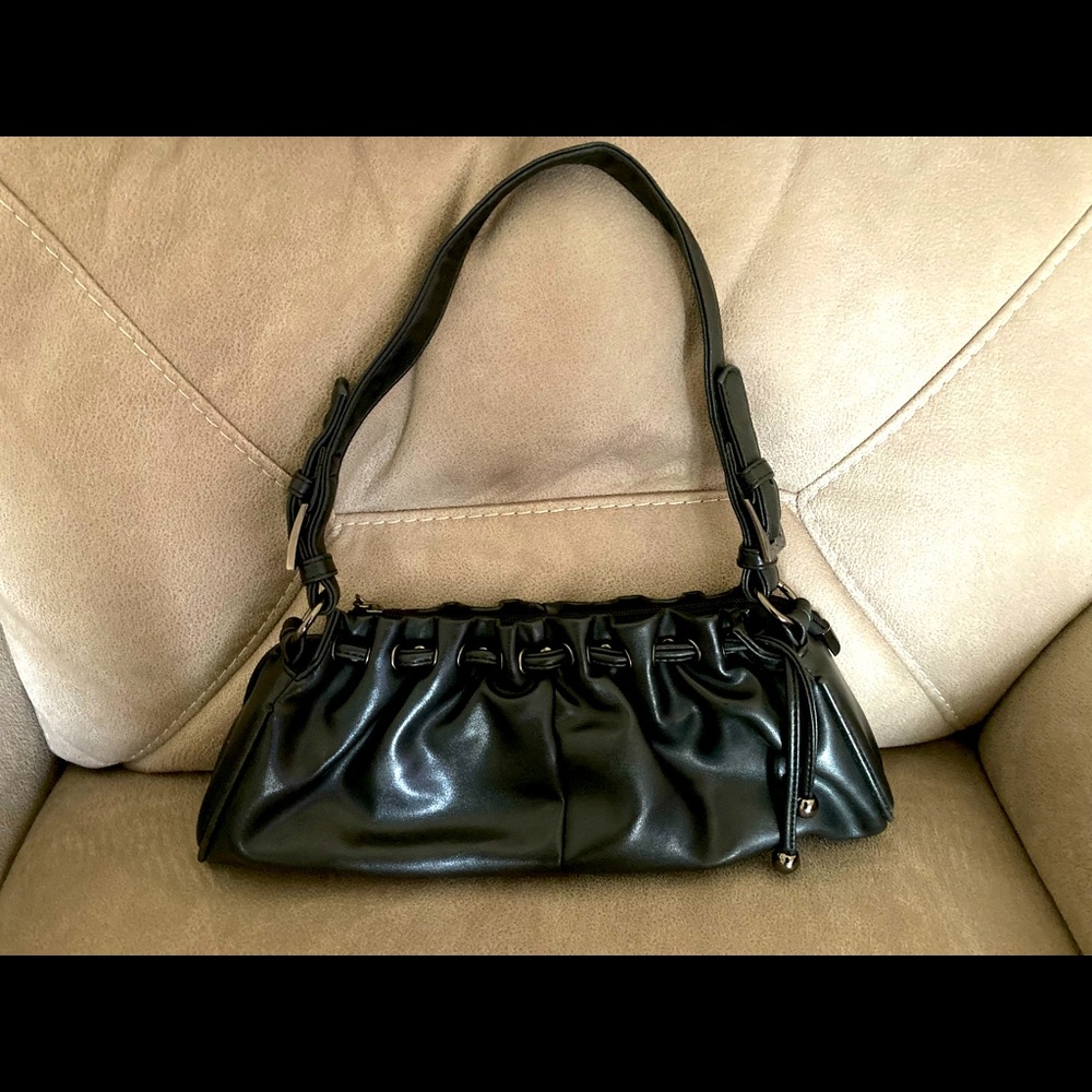 Black Leather Ruched Ruffled Baguette Shoulder Bag